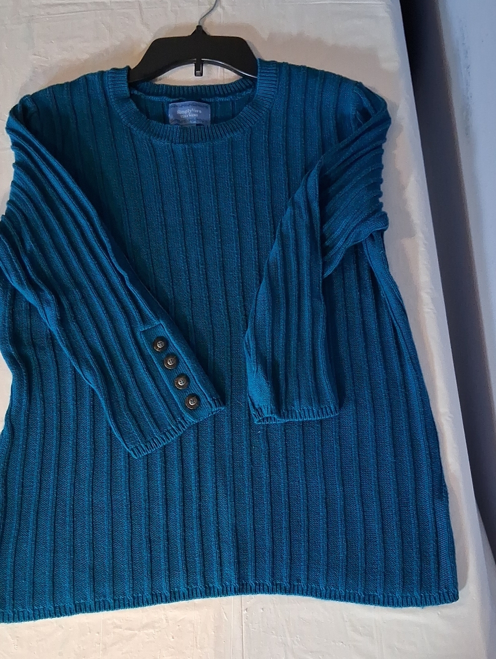 Ribbed Crewneck Sweater with Button Cuffs - Teal
